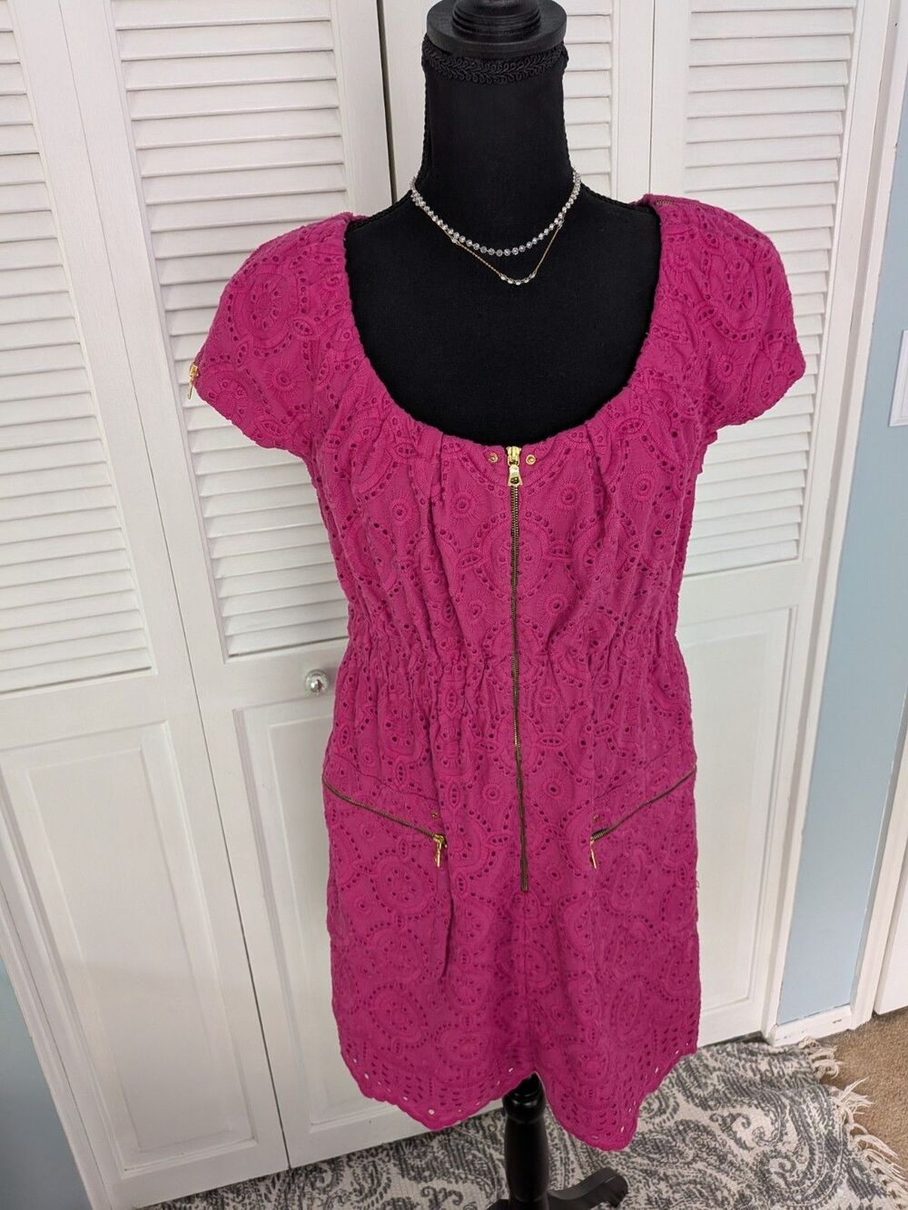 Phoebe Couture Eyelet Dress Women's 8 Pink Purple Lace Gold Zipper Garden Party